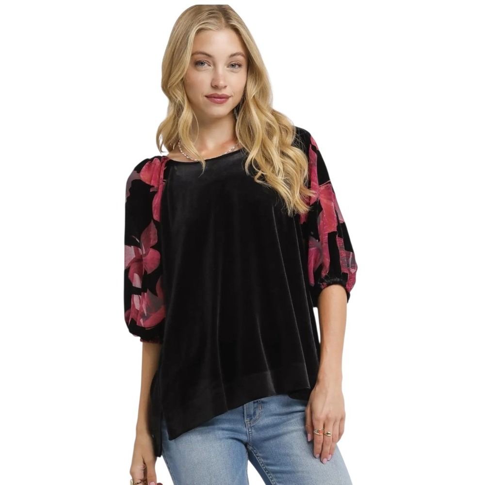 Umgee Black Blush Pink Velvet Top Sheer Floral Boho Puff Burnout Sleeve Womens L